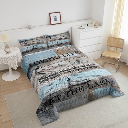 Erosebridal Lake House Queen Size Comforter Set, Rustic Farmhouse Bedding Set for Kids Boys Teens Adult Women, Wooden Bridge Blue Grey Duvet Sets Mountain Barn Door Duvet Insert Gift for Lake Lover