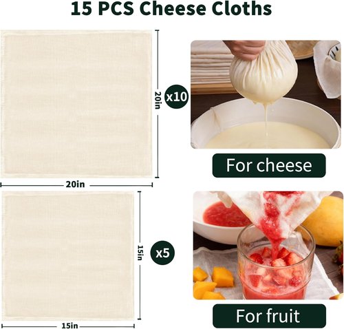 Grade 100 Cheesecloth - Precut Unbleached Cotton for Straining | 15 Pack with Hemmed Edges, 10 pcs 20x20 & 5 pcs 15x15