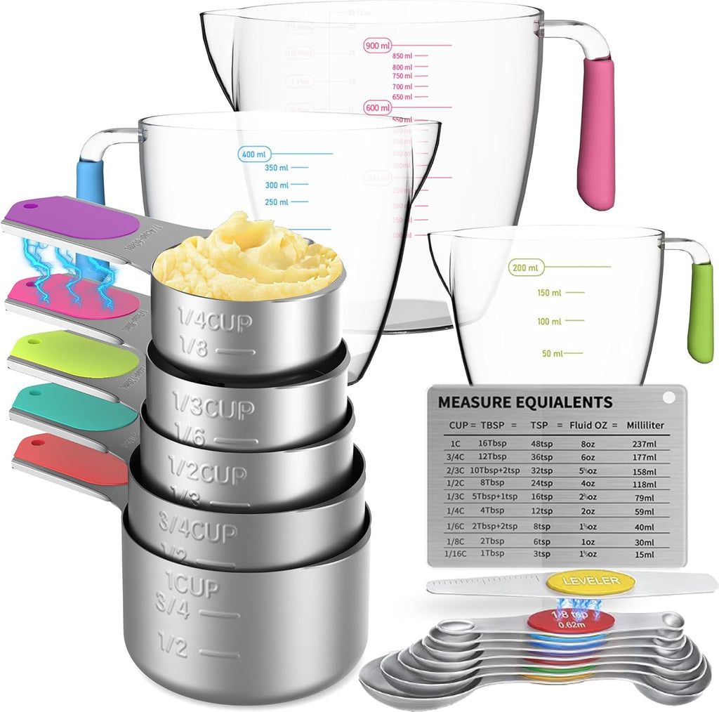 Skiennix Magnetic Measuring Cups & Spoons Set - 5 Stainless Steel Cups & 7 Magnetic Spoons for Accurate Measurements