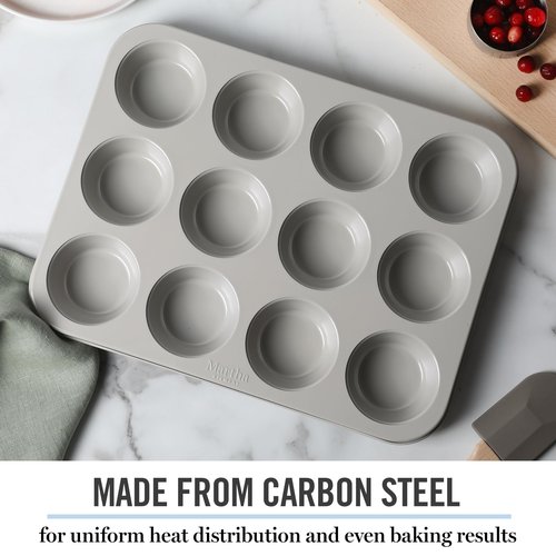 Martha Stewart Gallen 12-Cup Nonstick Carbon Steel Muffin and Cupcake Pan – Cool Grey, Durable Bakeware for Even Baking and Easy Release