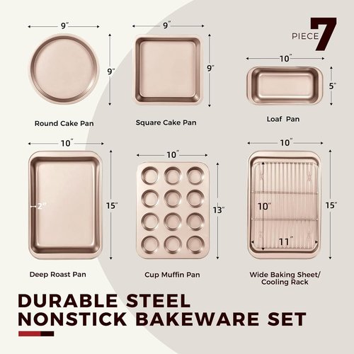 KITESSENSU Nonstick Baking Pans Set - 7-Piece Bakeware Collection with Cake, Loaf, Muffin Pans & More | Gold