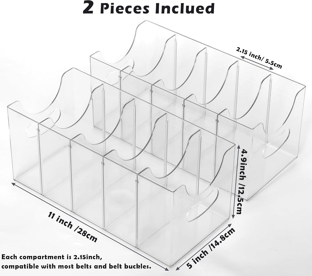 Skiennix Belt Organizer - 2 Pack Clear Stackable Storage Bins | 5 Compartments with Removable Dividers for Closet & Drawer