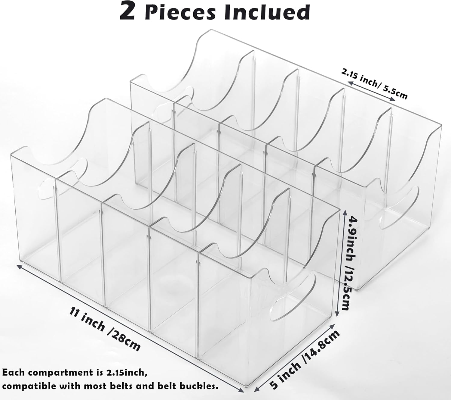 Skiennix Belt Organizer - 2 Pack Clear Stackable Storage Bins | 5 Compartments with Removable Dividers for Closet & Drawer