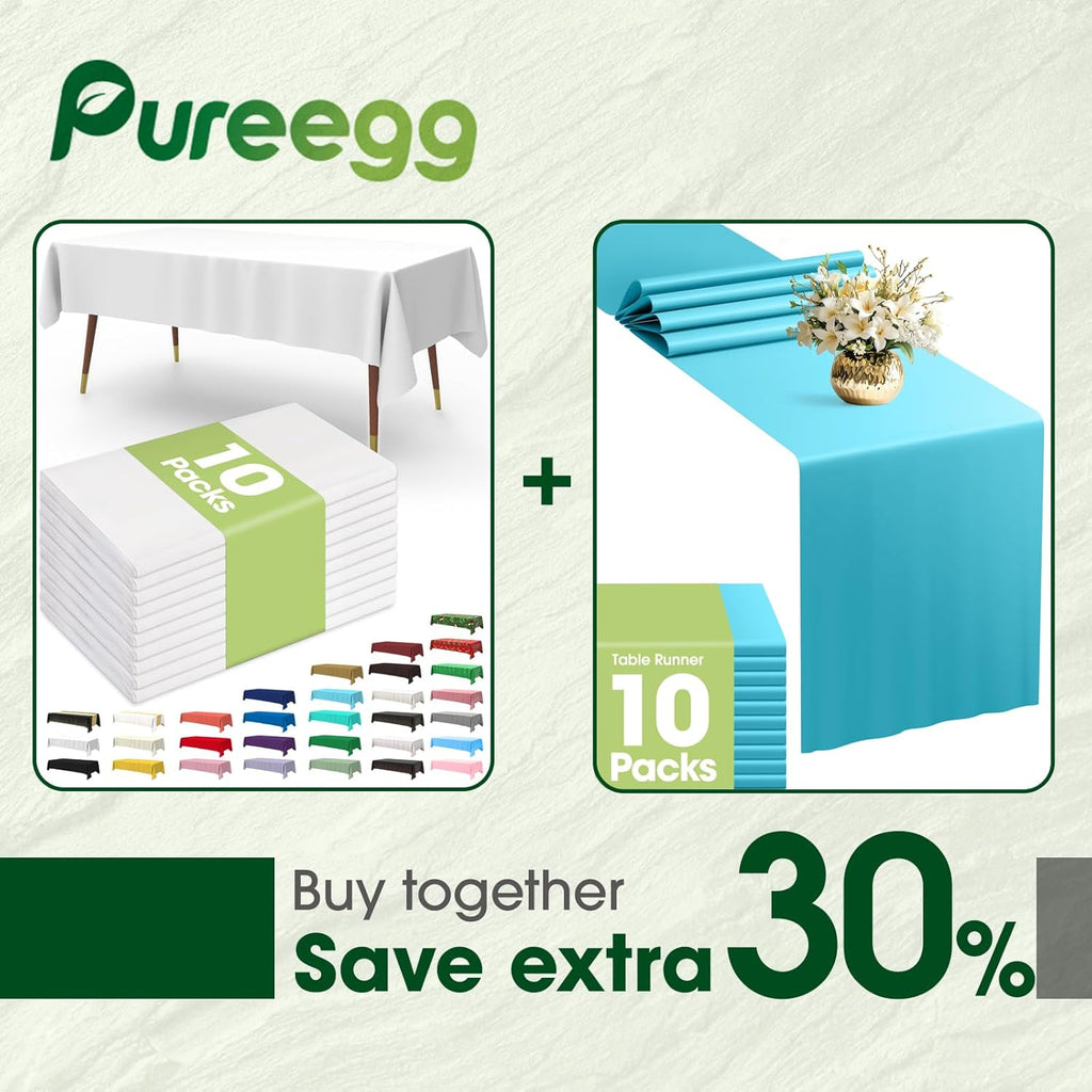 Pureegg Disposable Table Set - 10 Pack Leakproof White & Blue Tablecloths & Runners | 54''x108'' & 14''x108'' for Events