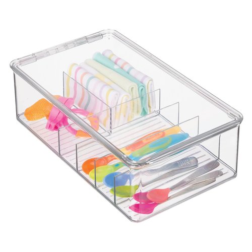 mDesign Stackable Plastic Storage Organizer Container for Kitchen Cabinets, Pantry, Countertops - Holds Kids, Child/Toddler Mealtime Sets, Small Accessories - 6 Sections - BPA Free, 2 Pack - Clear