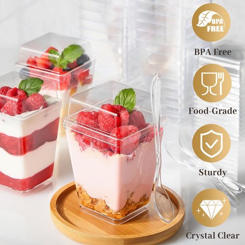 TOFLEN 50 Pack 5 oz Plastic Dessert Cups with High Lids for Party, Mini Dessert Cups with Spoons Dessert Shooter Cups for Yogurt Parfait, Appetizer, Pudding, Fruit and Ice Cream