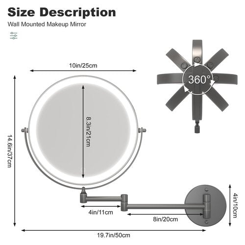 Hasipu 10-Inch Wall Mounted Makeup Mirror with Magnification, Rechargeable 3000 mAh Vanity Mirror with Lights, Bathroom Mirror with Dimmable Brightness, 3 Lighting Modes, Extendable Arm, Black