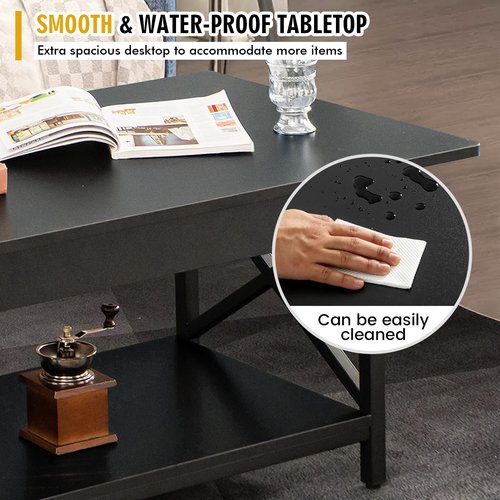 COSTWAY Industrial Coffee Table, 2-Tier Wood Cocktail Tea Table with Storage Shelf and X-Shape Steel Frame, Rectangle Sofa Side Accent Table for Living Room Home Office, Black