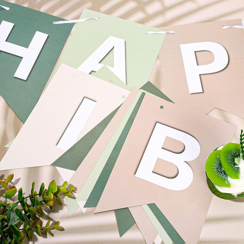 JarThenaAMCS Sage Green Happy Birthday Banner - Ivory Brown Hanging Banner Handmade Party Bunting Garland for Birthday Tea Baby Shower Home Nursery Backdrop Decor