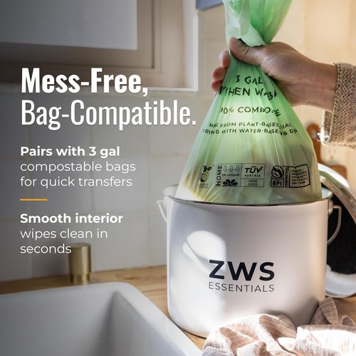 ZWS Essentials White Stainless Steel Compost Bin | 6.5L Odor-Free Kitchen Countertop Food Scrap Pail with Charcoal Filter | Compact Zero Waste Solution for Home and Apartment Kitchens