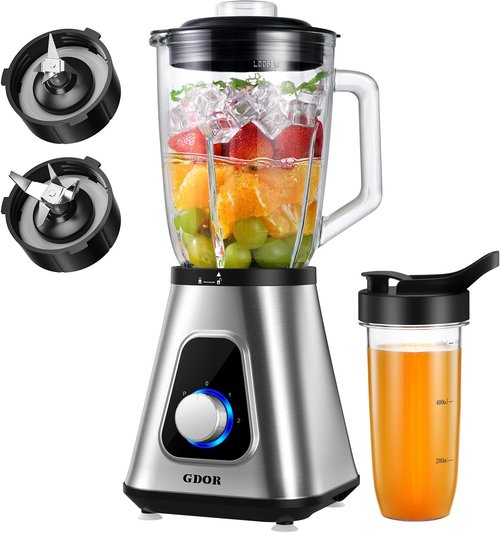 GDOR 1200W Blender - Smoothies & Shakes with 52 Oz Glass Jar & 22 Oz To-Go Cup | 6-Blade, 3 Speeds, Self-Cleaning