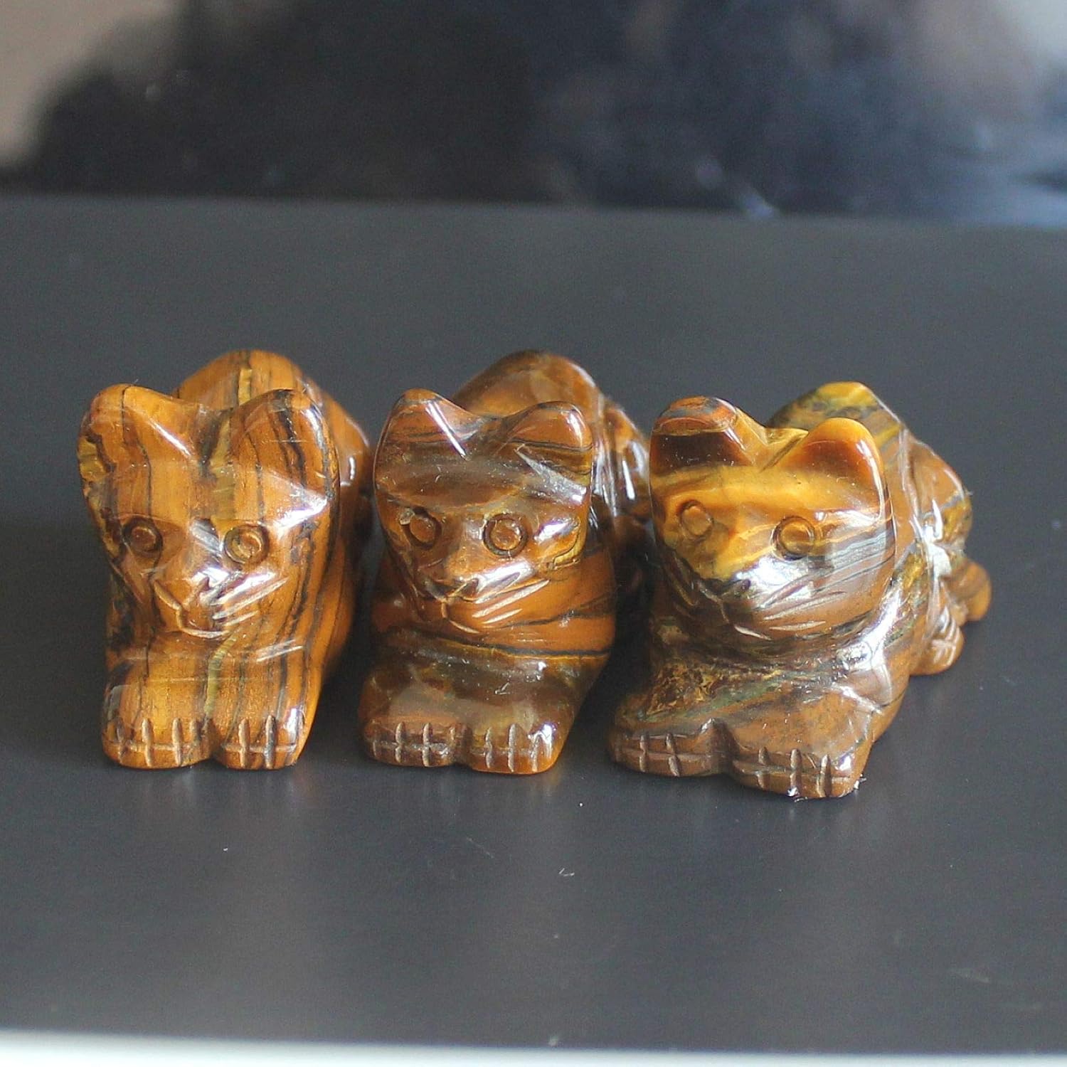 Skiennix 1.6'' Hand-Carved Mixed Gemstone Crystal Cat Figurine | Unique Iron Tiger Eye Design