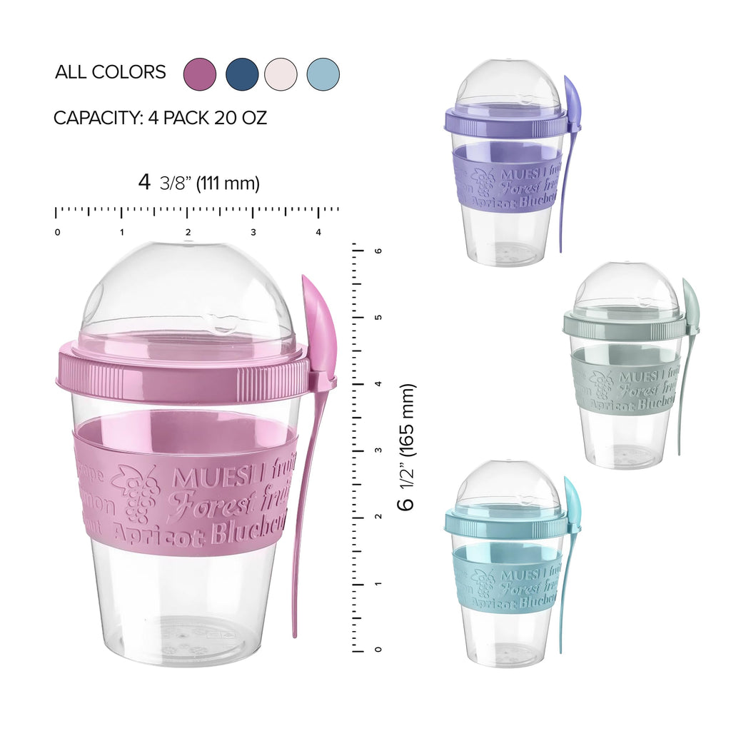 SECEL 4 Pcs Yogurt Parfait Cups Breakfast On The Go Reusable Plastic Containers With Lids And Spoons Take And Go Yogurt Cup With Topping Cereal Or Oatmeal Leak-proof Colorful Bowls