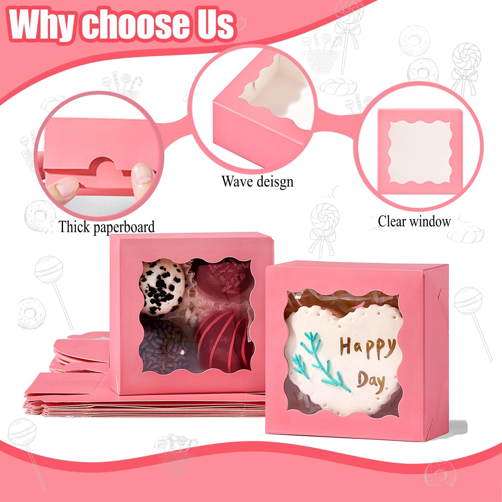 SLShePack 3.2x3.2x1.5 Inches 50PCS Mini Bakery Boxes with Window for Cookies, Soap, Chocolate Truffle, Donut, Macaron(Pink)