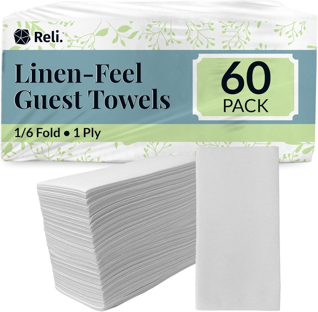 Reli. Disposable Bathroom Napkins - Linen-Feel Guest Towels (60 Pack) | Soft, Absorbent Paper Hand Towels | 12" x 15.75" | White