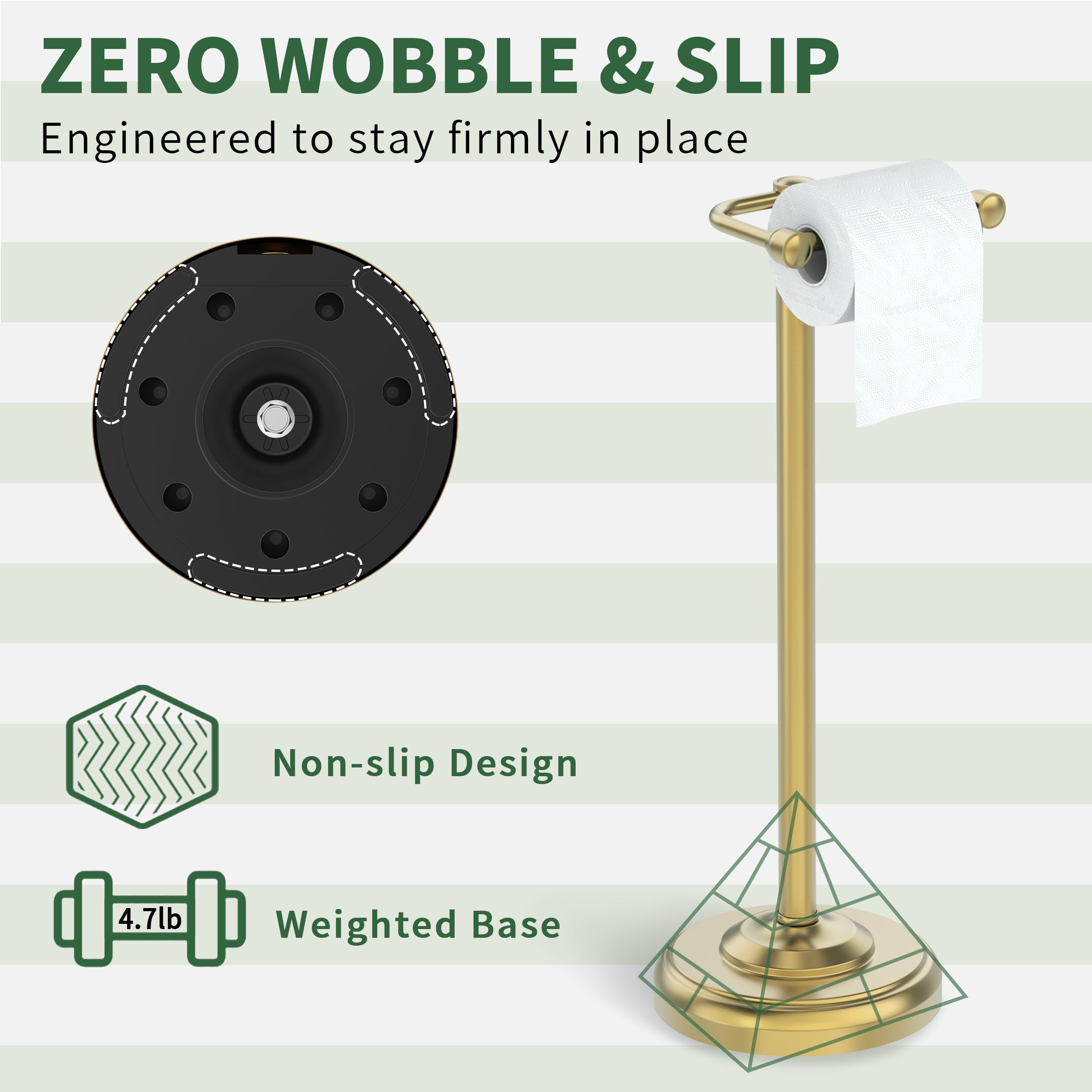 Toilet Paper Holder Stand,Free Standing Toilet Paper Holder,Modern Post Pivoting Toilet Paper Stand with Stable Weighted Base,SUS304 Stainless Steel Tissue Roll Holder Stand for Bathroom,Brushed Gold
