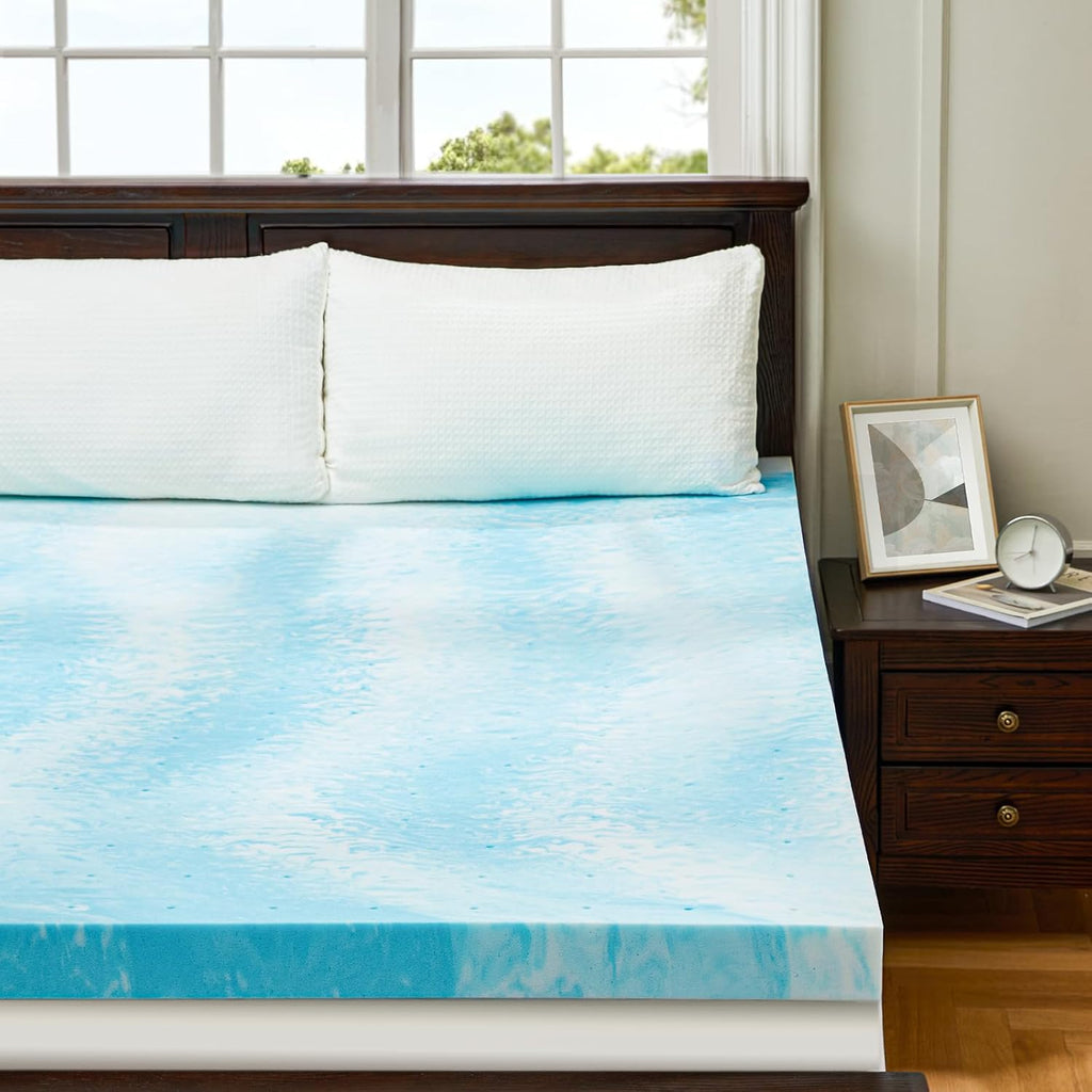 Perlecare 3-Inch Queen Memory Foam Mattress Topper - Cooling Gel Infused for Pressure Relief | CertiPUR-US® Certified, Blue