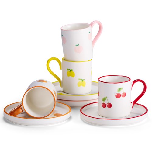KooK Espresso Cups and Saucers, Hand Painted, Porcelain Demitasse Set with Colorful Fruit Patterns, Dishwasher & Microwave Safe, Holiday Gift, 3 oz, Set of 4