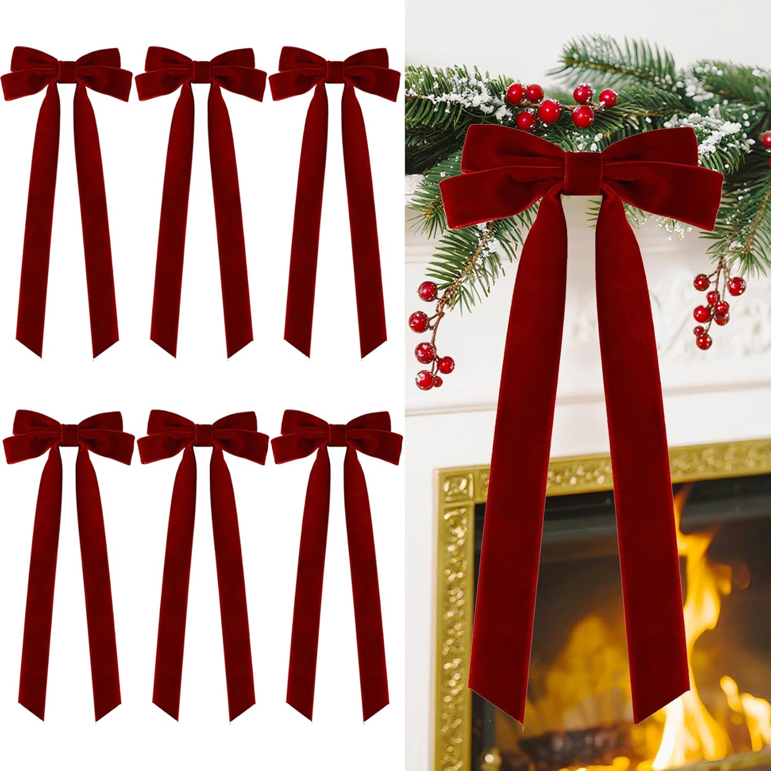 Senjie Velvet Christmas Bows - Large 20in Vintage Ribbon for Staircase Garland & Wreath | 6Pcs Burgundy