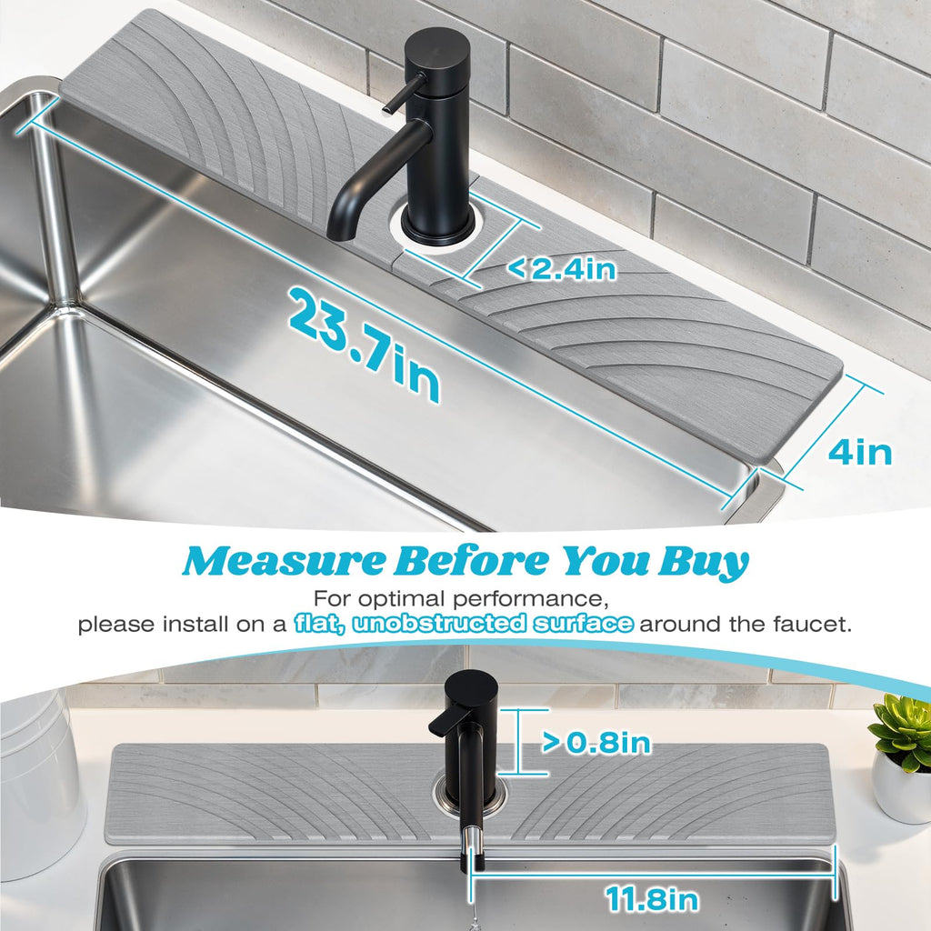 SpaceHacks Stone Faucet Mat for Kitchen Sink - Fast Drying Diatomite Stone Drying Mat, Textured Drainage Sink Protector, Water Splash Guard with Base Pads for Bathroom Counter (23.7x4 in, Light Gray)