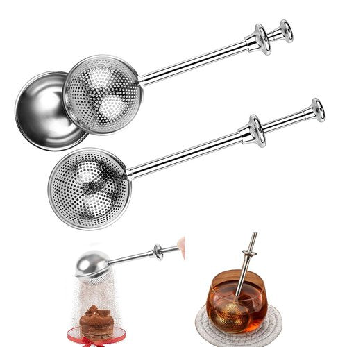 2pcs Stainless Steel Loose Tea Leaf Steeper&Sugar Shaker Duster Sifter 2 in 1, tea ball for loose leaf tea,tea strainers One-Hand Operated Spring-Loaded
