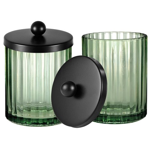 Amolliar Sage Green Glass Apothecary Jar, Qtip Holder Dispenser for Cotton Swabs, Balls, Makeup Pads, Floss Picks, Bathroom Essential Accessories, Countertop Canister Storage Organizer (Black, 2 Pack)
