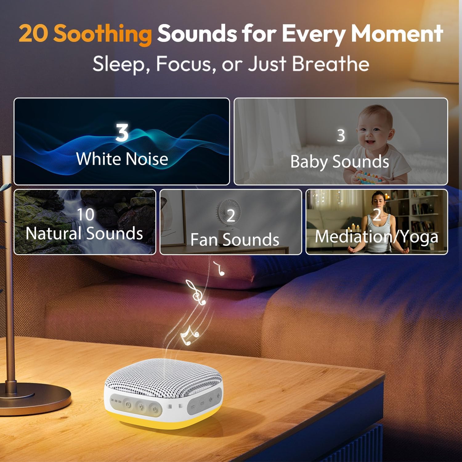 Skiennix Portable Sound Machine - 52-Hour Lasting White Noise Device with 21 Non-Looping Sounds | Ideal for Travel & Sleep (White)