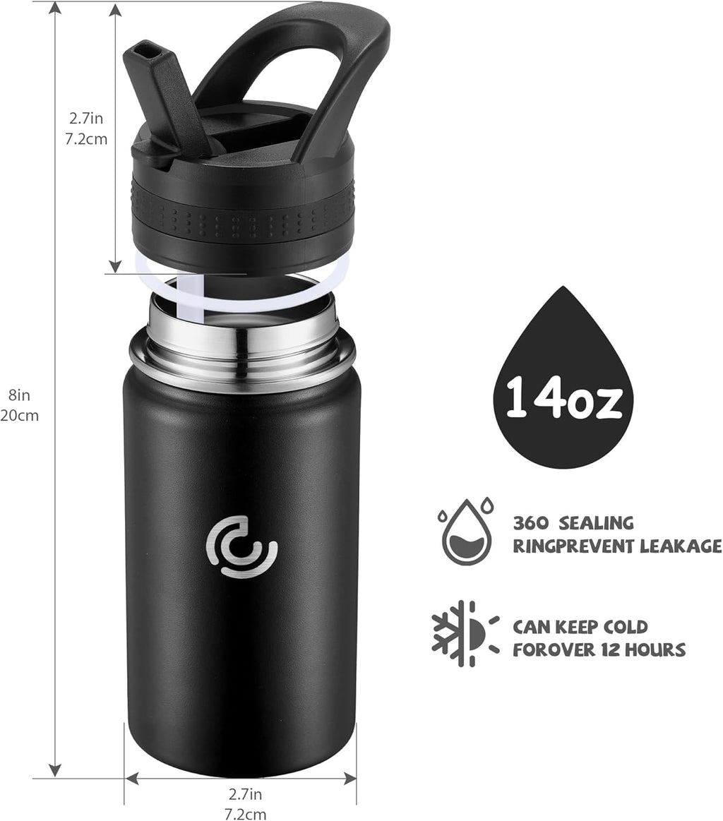 Skiennix 14 Oz Kids Water Bottle - Insulated Stainless Steel, Leak-Proof & BPA-Free | Black