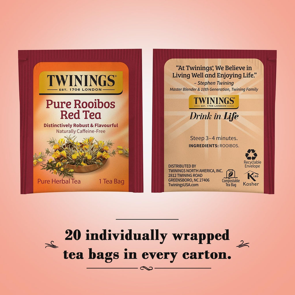Twinings Pure Rooibos Red Tea - Naturally Sweet & Tangy Caffeine-Free Herbal Tea Bags | 20 Count (Pack of 2)