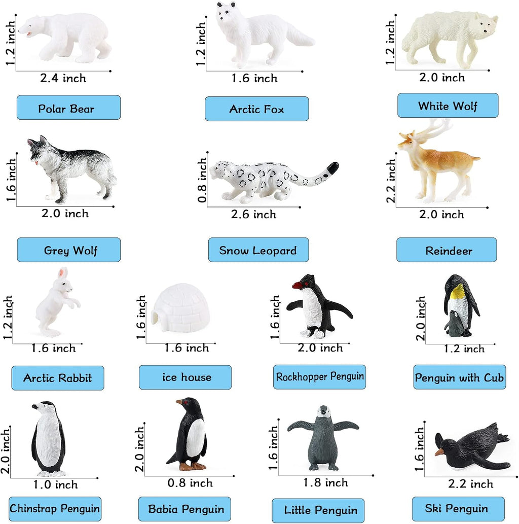 RCOMG Arctic Animal Figurines - 14-Piece Mini Polar Animal Toy Set with Fox, Wolf, Reindeer & Penguins