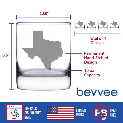 Bevvee Texas State Outline - Whiskey Rocks Glasses - Set of 4 - State Themed Drinking Decor and Gifts for Texan Women & Men - 10.25 Ounce