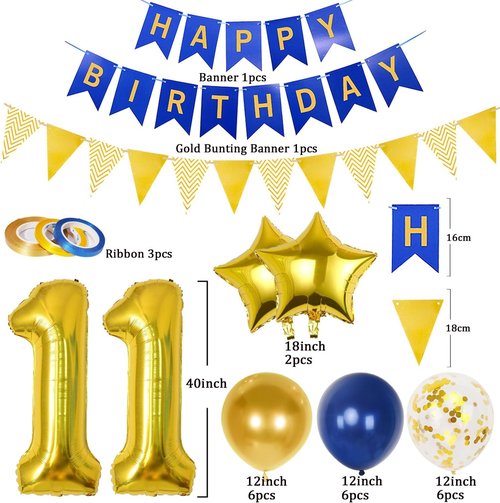 11th Birthday Decorations by [Brand Name] - Navy Blue & Gold Balloons with 40-Inch Number 11 Foil & Banner