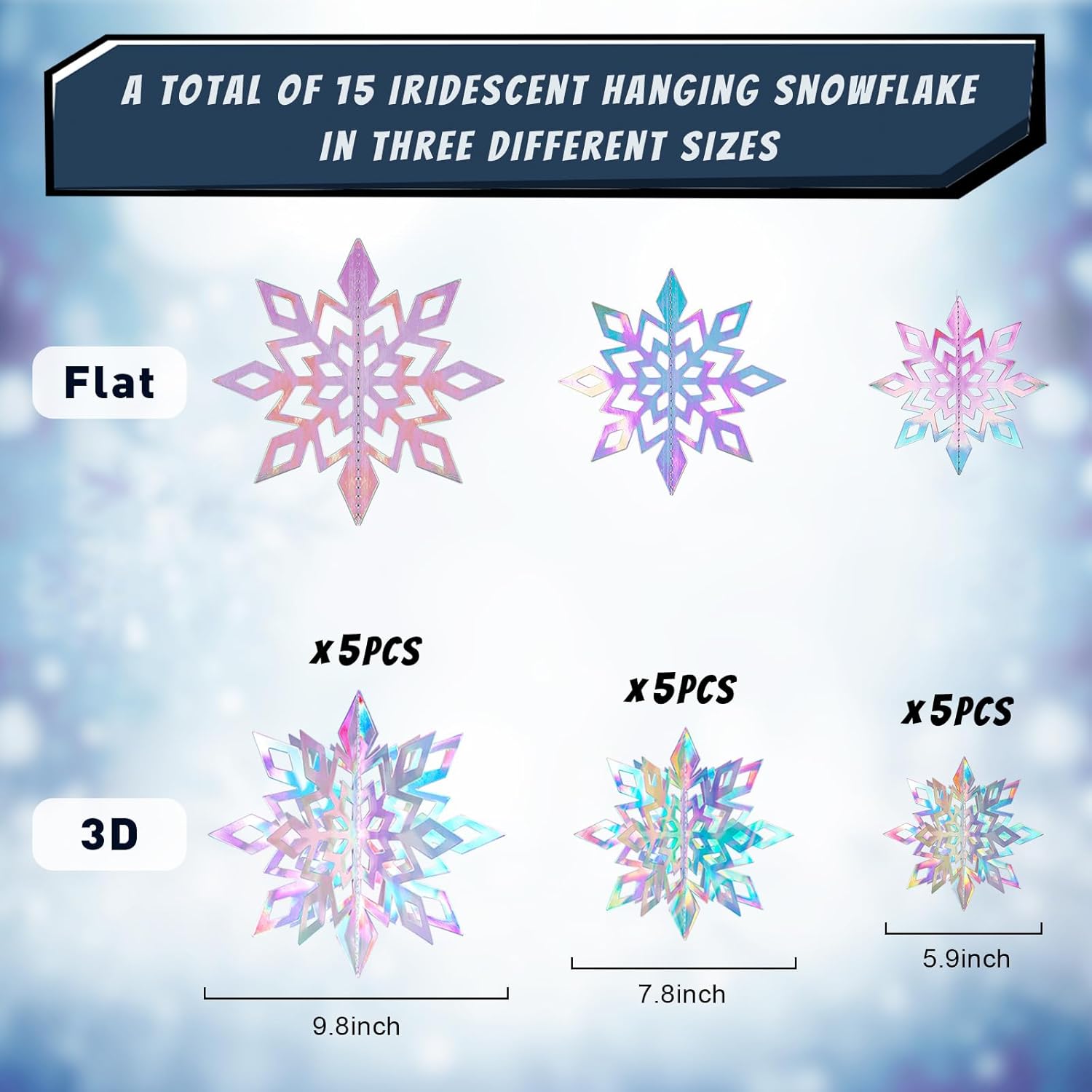 Skiennix 15PCS Christmas Hanging Snowflakes - 3D Iridescent Paper Ornaments for Winter Wonderland Decor