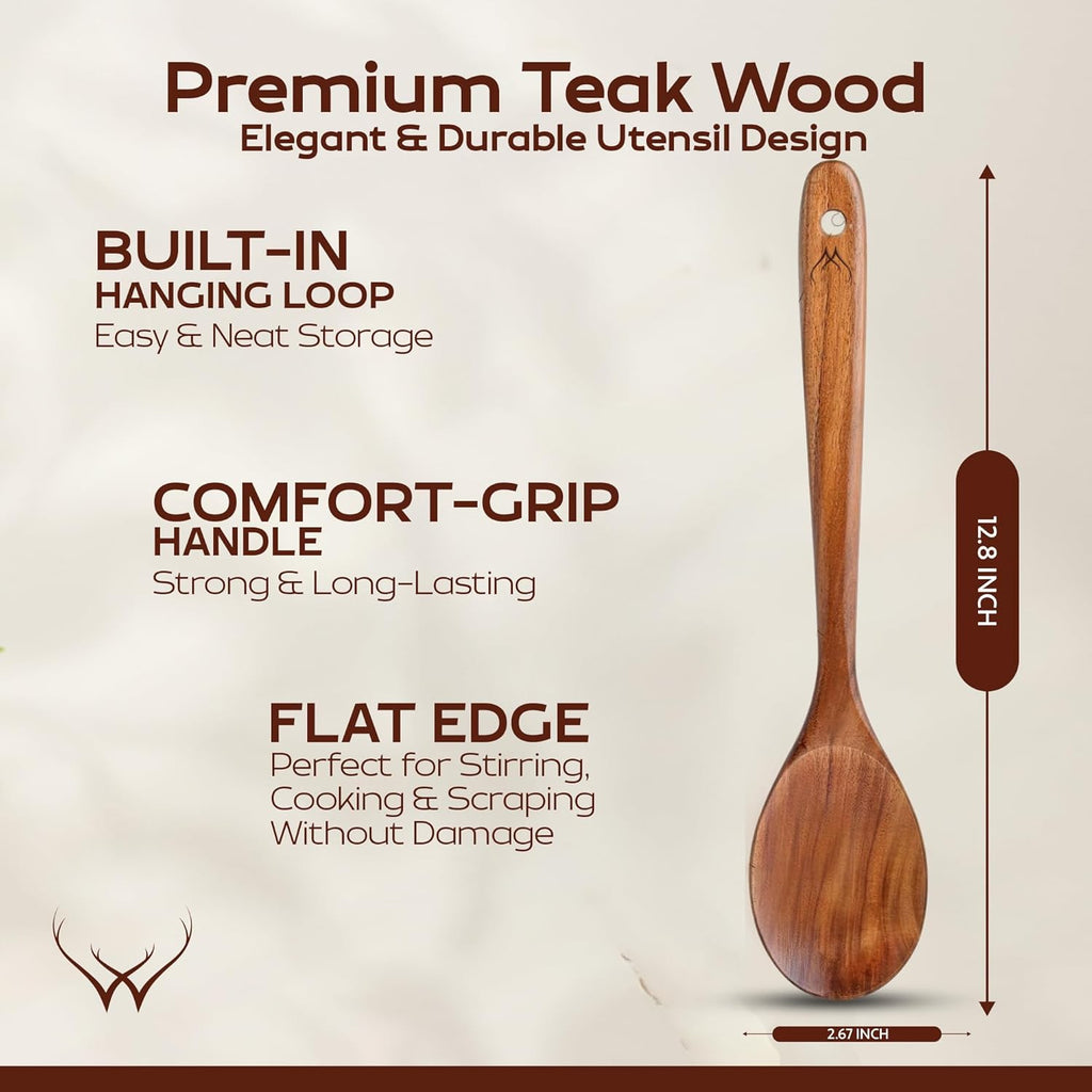 Premium Teak Wooden Spoon - 12" Long Handle Cooking Utensil with Spoon Rest | Perfect Kitchen Gift