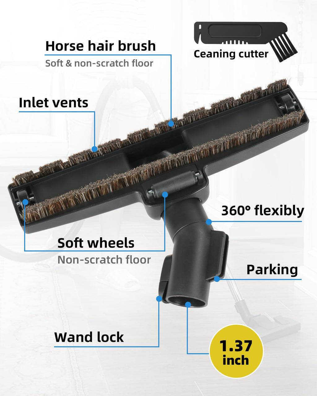 SheildOn Horsehair Floor Brush Set Replacement, Vacuum Attachments Compatible with Miele C1 C2 C3 CX1 Vacuums, 12" Hardwood Floorhead, Swivel Dusting Brush, Soft Bristles for Gentle Cleaning
