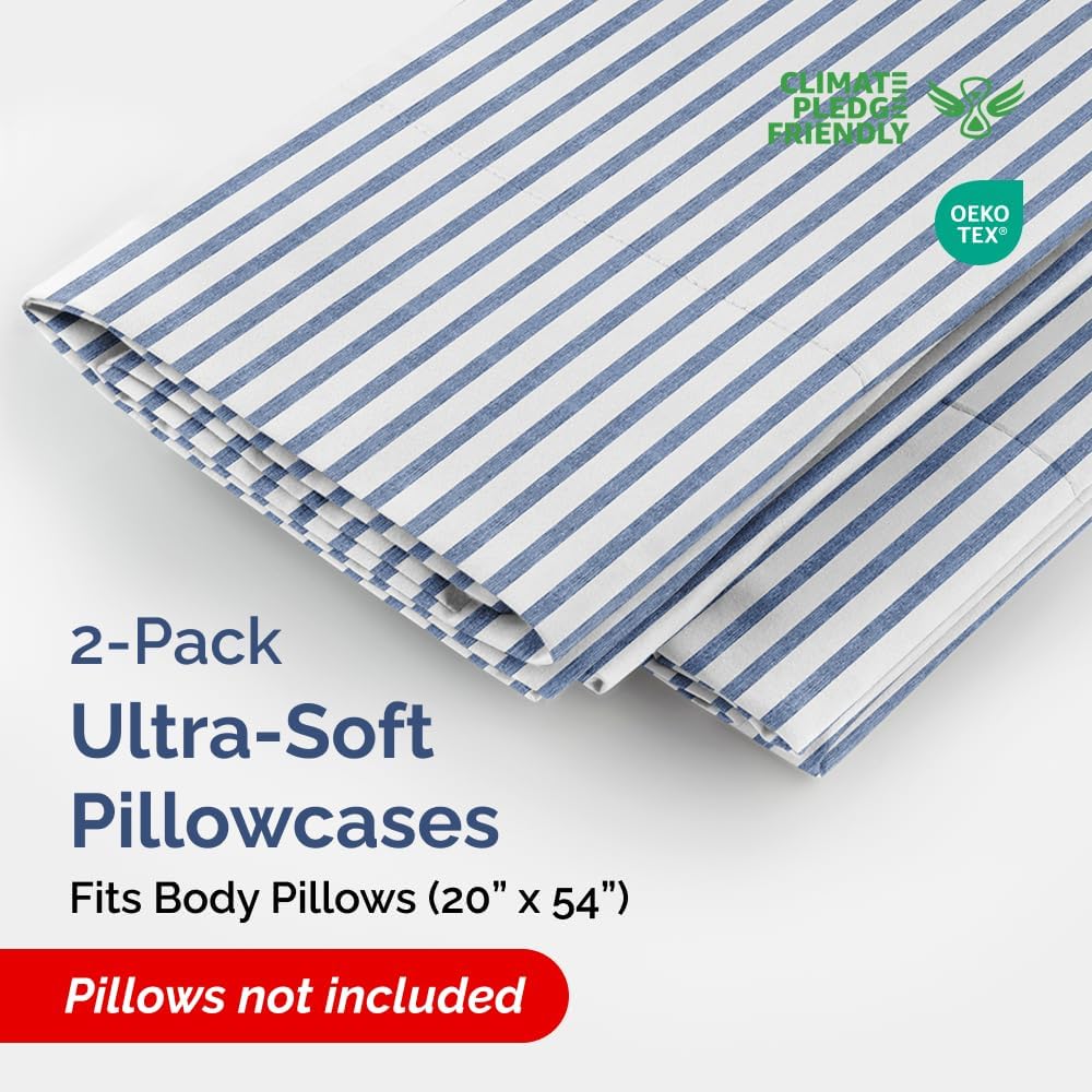 Skiennix Body Pillowcases Set of 2 | Soft 20x54 Long Pillow Covers for Side Sleepers - Blue Stripes, Machine Washable