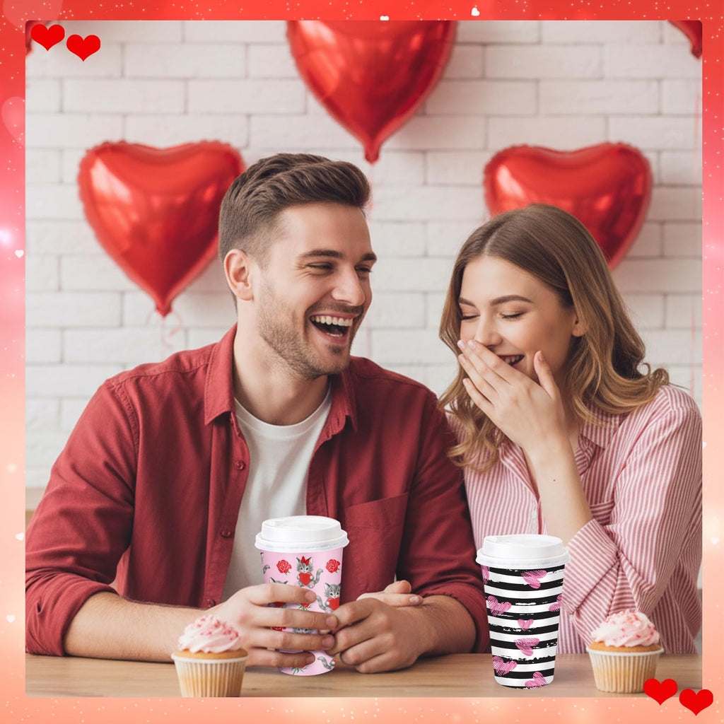 Ovveroche 100 Pack Valentine's Day Disposable Cups 16 oz Pink Red Hearts Bear Stripe Coffee Cups Wedding Anniversary Party Supplies for Hot Chocolate Cocoa Tea Coffee Bar Accessories