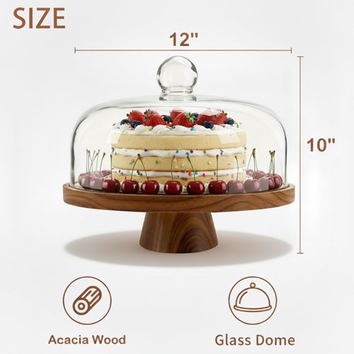 ValorTiger Acacia Wood Cake Stand with Scratch-Resistant Glass Dome Lid – 12-Inch Round Cake Holder with Screw-Type Base, Wooden Dessert Display Stand with Cover for Cakes, Pastries, Cheese & Charcuterie