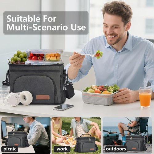ExtraCharm Insulated Lunch Bag - Leakproof Cooler Tote for Office, Picnic, Hiking | Adjustable Strap - Black