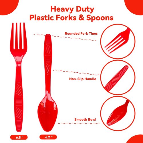 Plastic Forks and Spoons Heavy Duty, Red Disposable Plastic Silverware Set for Party Supplies 96PCS