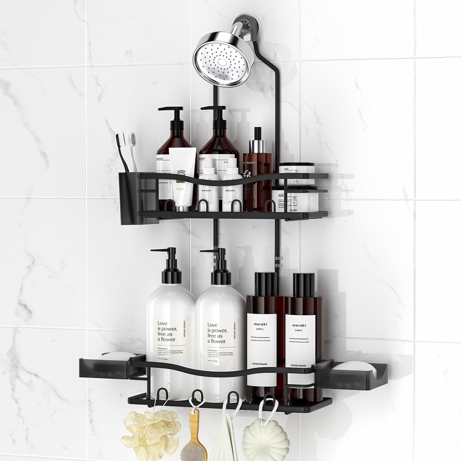 Reinhardt Rustproof Shower Caddy - Anti-Swing Organizer with Soap Holder & Hooks | Black