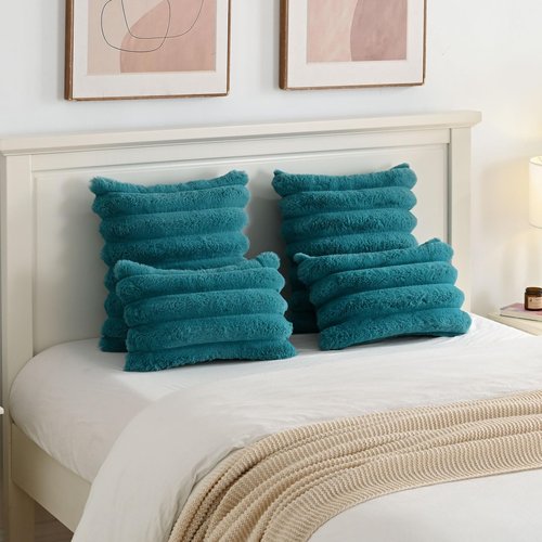 HAUSSY Faux Fur Throw Pillow Covers 18x18 Inch Set of 2,Decorative Striped Neutral Pillow Cases Soft Plush Couch Pillow Covers,Home Decor for Sofa,Bed, Living Room,Teal