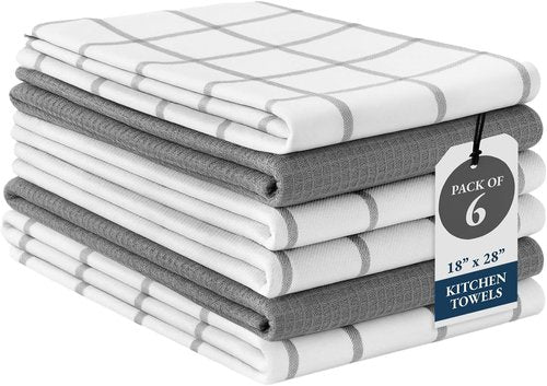 LANE LINEN Cotton Kitchen Towels Set - Absorbent & Quick-Drying Dish Cloths, 6-Pack, 18" x 28", Soft Grey