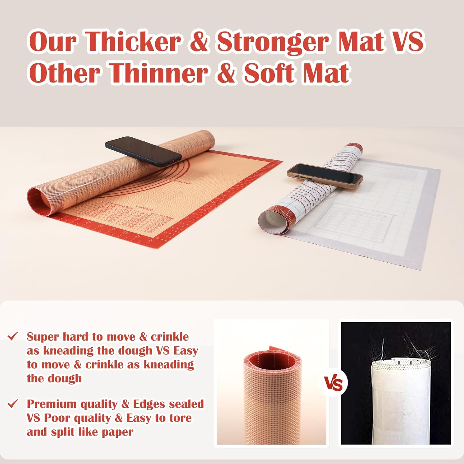 Skiennix Extra Thick Silicone Pastry Mat - Large Non-Stick Baking Mat with Measurements | 16"x24", Red