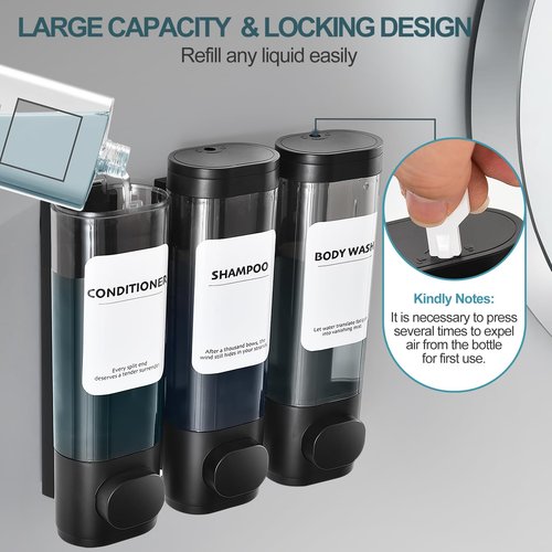 3 Pack Shampoo and Conditioner Dispenser, Shower Soap Dispenser 3 Chamber No Drill Wall-Mounted, Body Wash and Shower Dispenser Set for Shower Wall, Elegant Large Capacity for Bathroom Hotel, Black