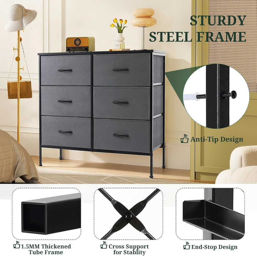 Skiennix 6-Drawer Dresser - Stylish Anti-Tip Storage Organizer with Wooden Top & Metal Frame | Gray