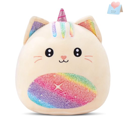 Athionsu 14-Inch Unicorn Cat Plush Pillow Soft and Cuddly Stuffed Animal Toy for Toddler Girls and Boys, Cute Rainbow Belly Plush Gift (CAT)