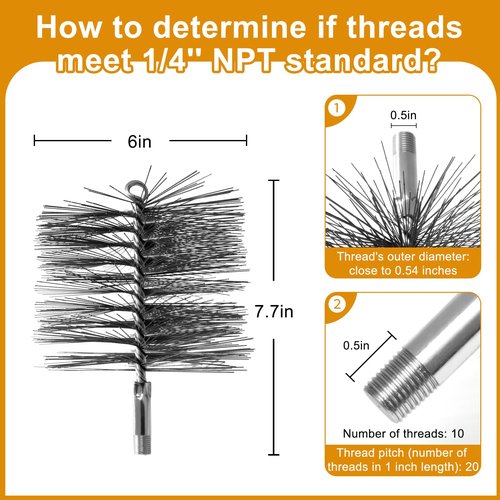 Stainless Steel 6 Inch Round Chimney Cleaning Brush with 1/4" NPT Fitting for Masonry Flue, Works with Chimney Rod Sets