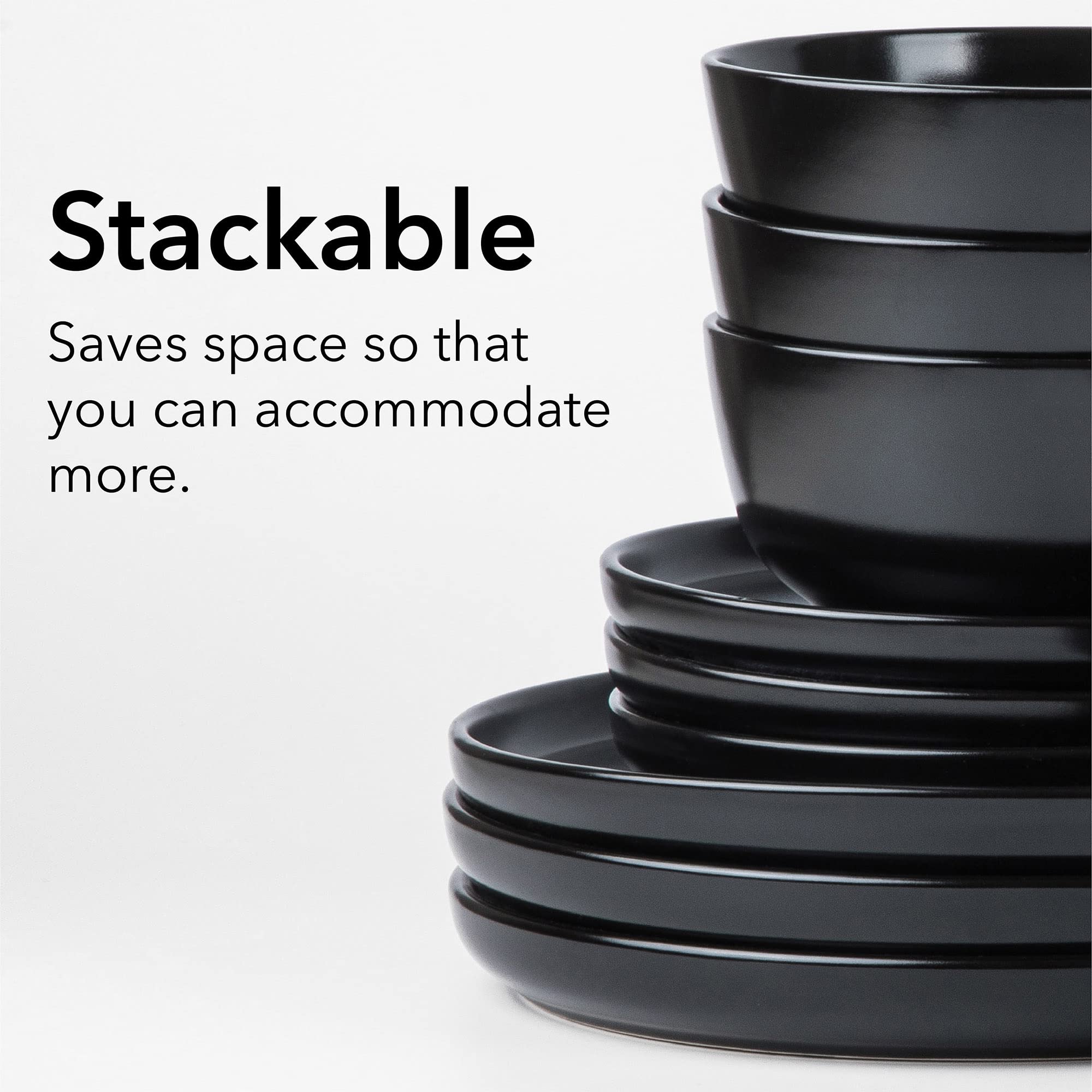 ARORA SKUGGA Round Stoneware 16pc Dinnerware Set of 4, Dinner Plates, Side Plates, Cereal Bowls, Mugs - Matte Black (472979)