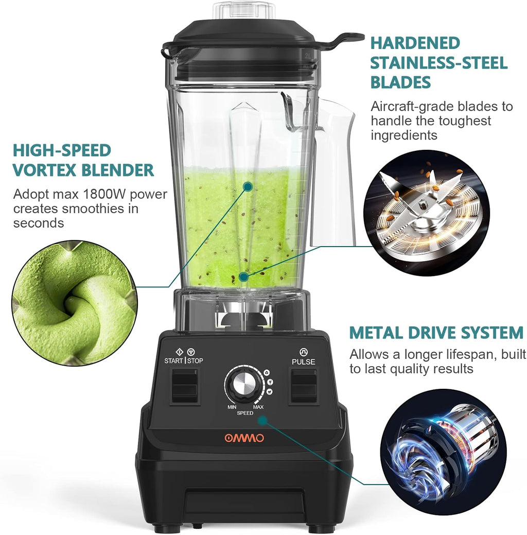 OMMO Blender 1800W - Professional High-Speed Countertop Blender with 60oz BPA-Free Jar for Smoothies & Shakes